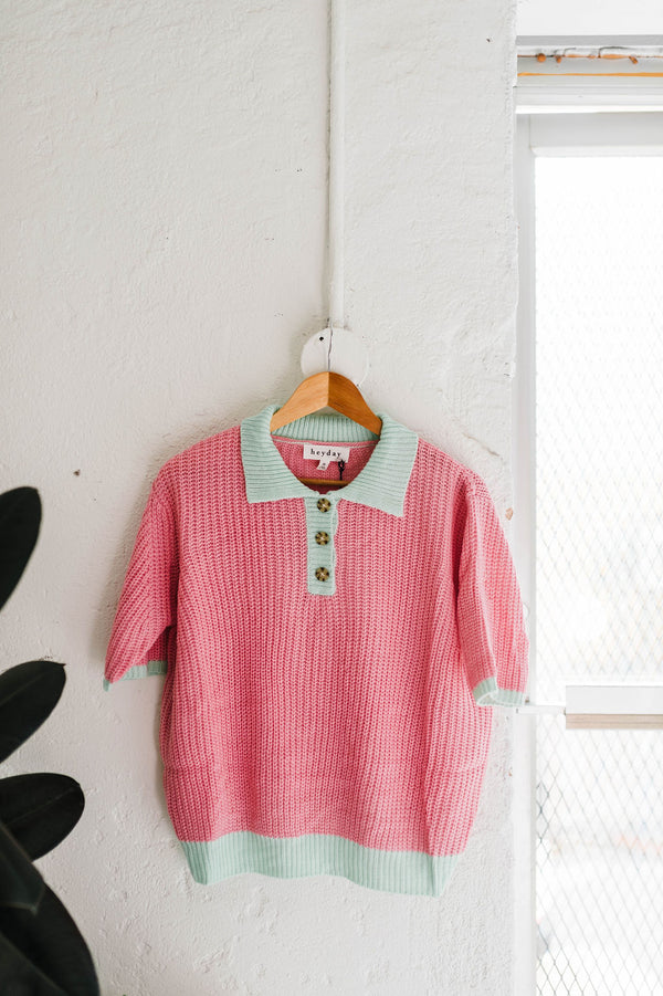 contrast short sleeve sweater | pink