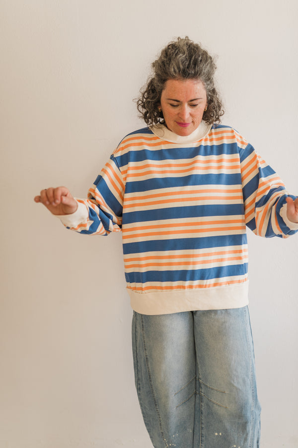 oversized french terry pullover | denim + apricot