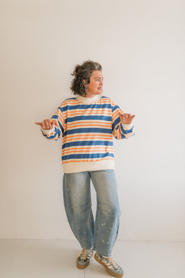 oversized french terry pullover | denim + apricot