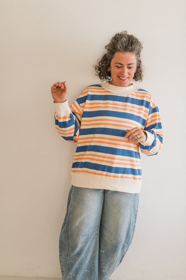 oversized french terry pullover | denim + apricot