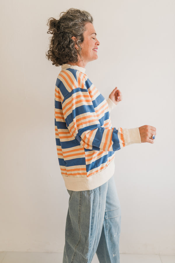 oversized french terry pullover | denim + apricot
