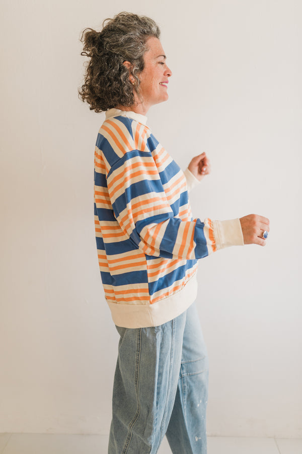 oversized french terry pullover | denim + apricot