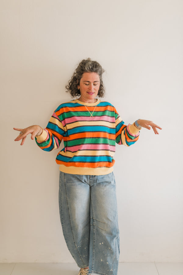 oversized mineral washed terry stripe pullover | honey combo