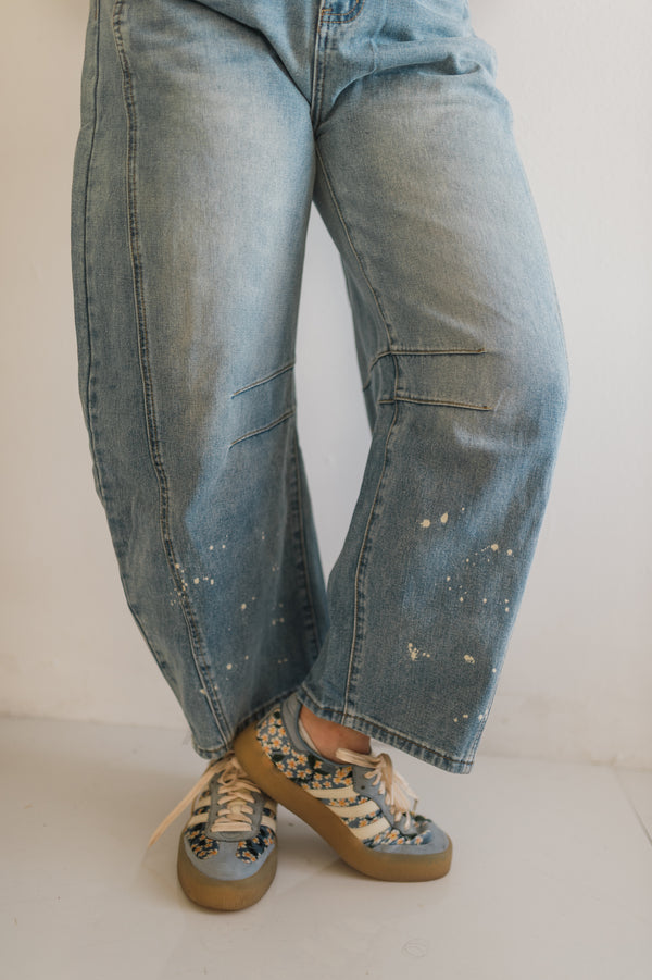 mid-rise wide leg barrel  pants | misty blue