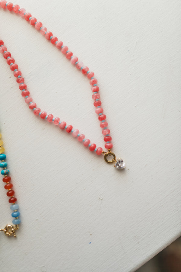 boho beaded cz necklace | pink