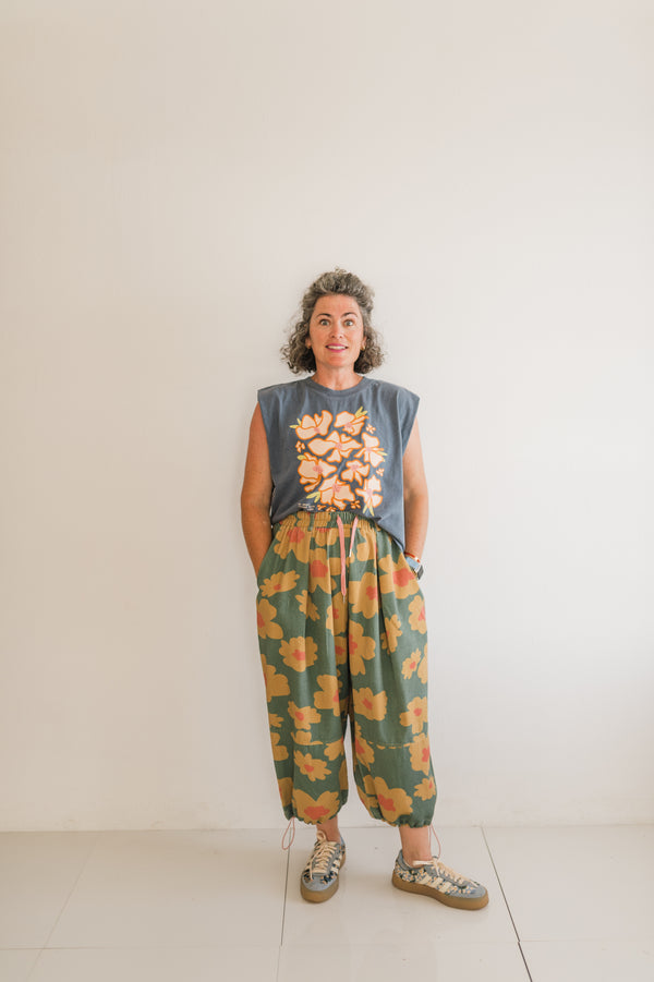 retro floral drawstring pants | mustard + olive