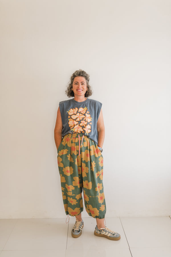 retro floral drawstring pants | mustard + olive