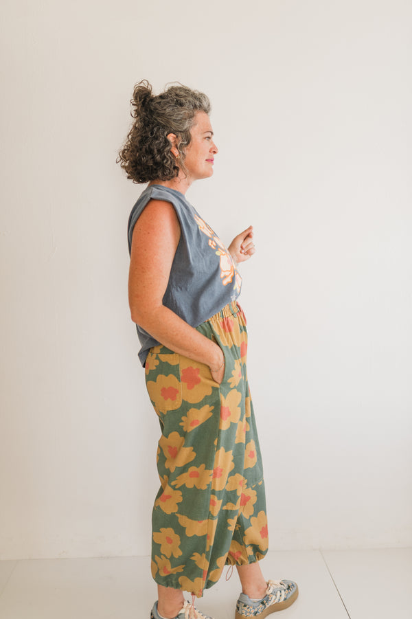 retro floral drawstring pants | mustard + olive