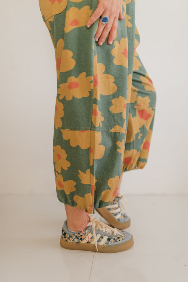 retro floral drawstring pants | mustard + olive