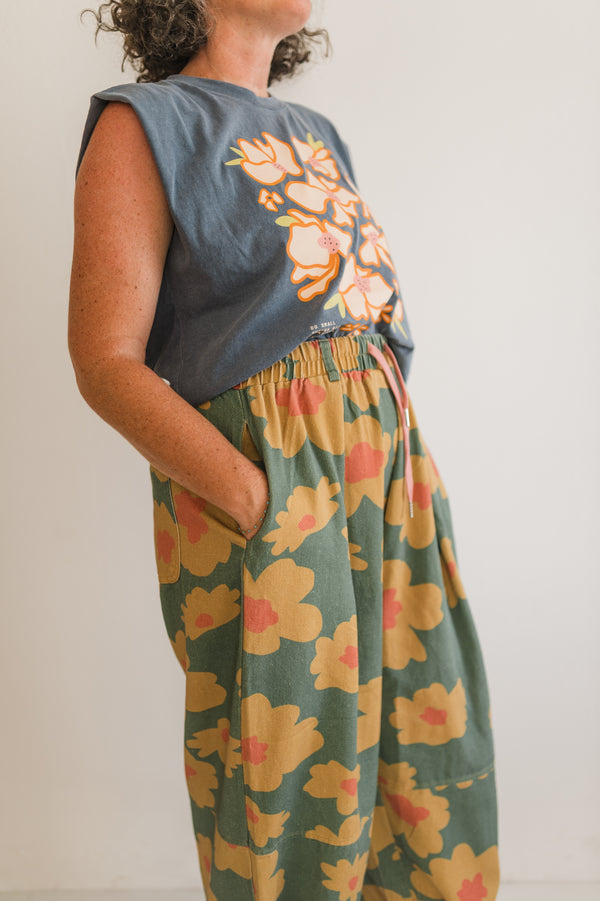 retro floral drawstring pants | mustard + olive