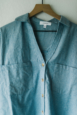 short sleeve button down crop | blue and white stripe