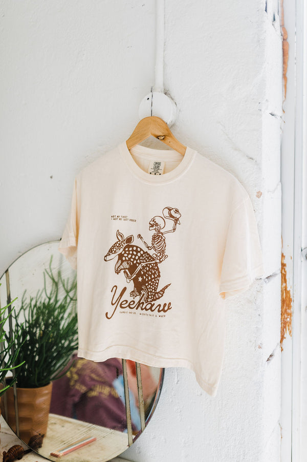 yeehaw skeleton + armadillo | cream comfort colors boxy cropped tee