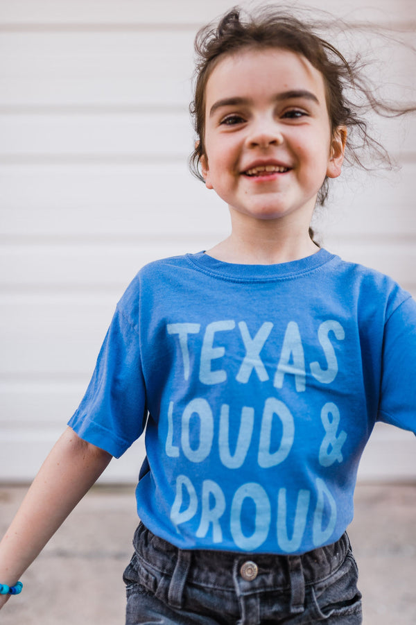 texas loud &amp; proud | youth flo blue comfort colors tee