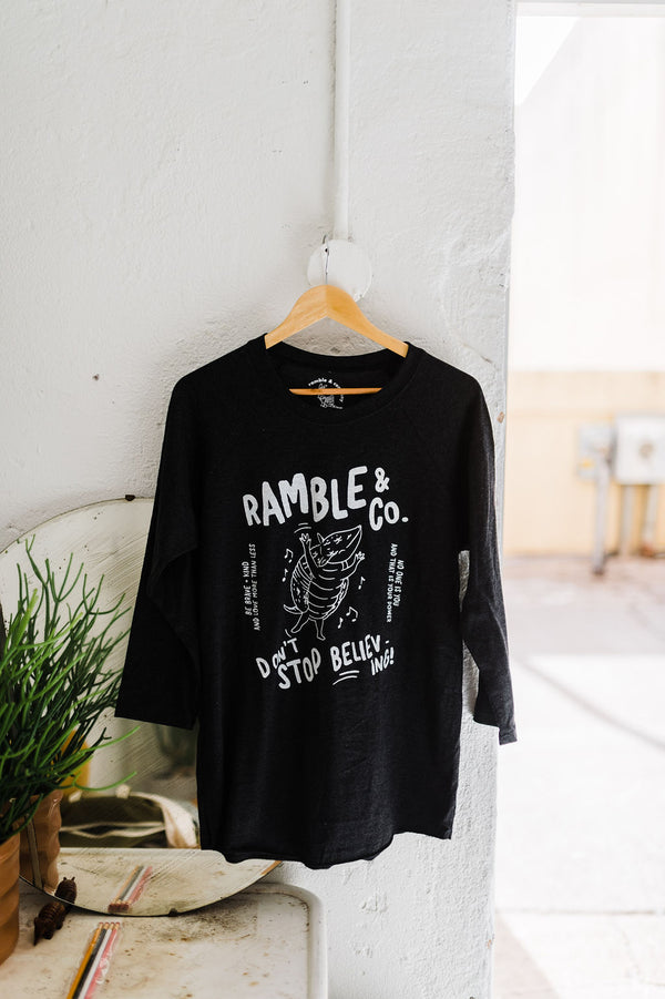 don't stop believing armadillo | vintage black raglan baseball tee