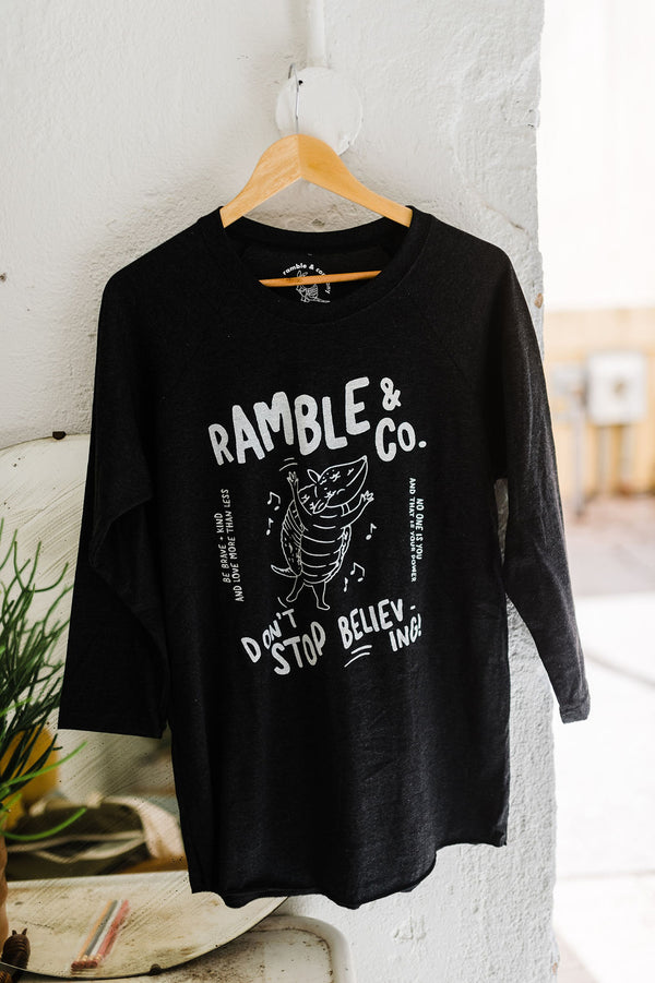 don't stop believing armadillo | vintage black raglan baseball tee