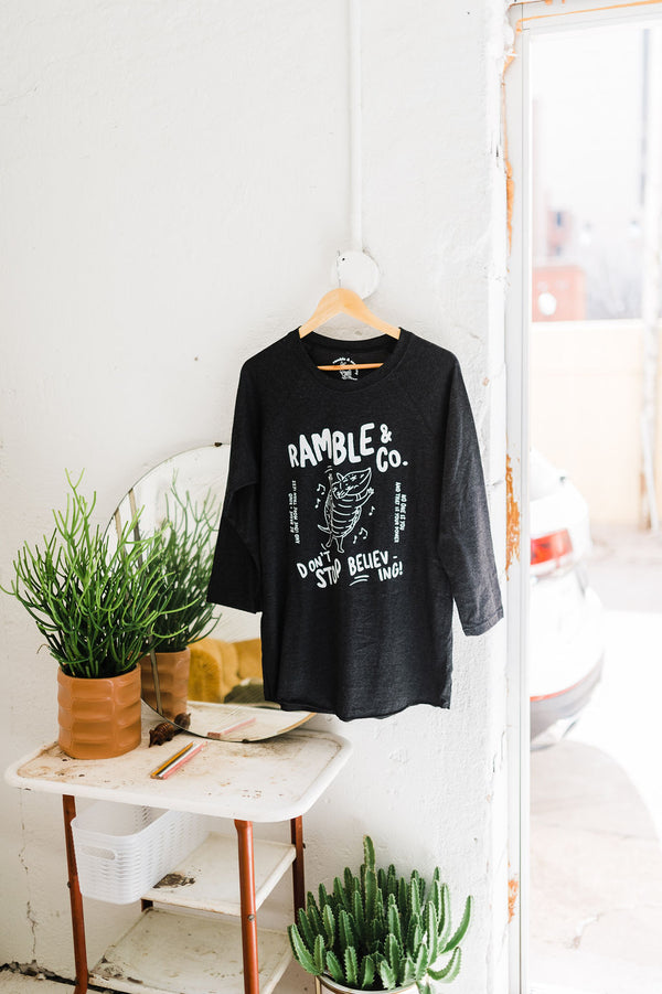 don't stop believing armadillo | vintage black raglan baseball tee