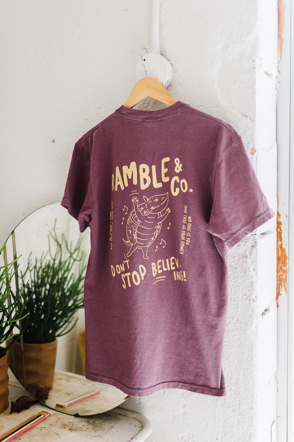don&#39;t stop believing armadillo | berry comfort colors tee