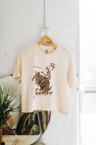 yeehaw skeleton + armadillo | cream comfort colors boxy cropped tee