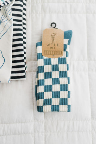 checkerboard crew socks | blue + cream