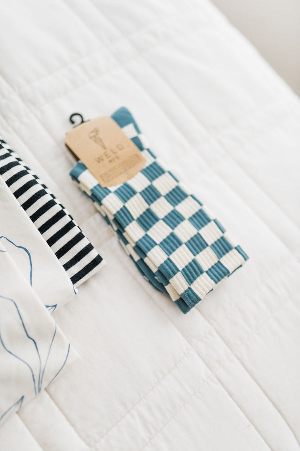 checkerboard crew socks | blue + cream