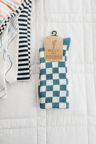 checkerboard crew socks | blue + cream