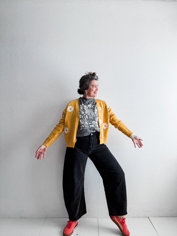 flower v-neck cardigan | mustard daisy