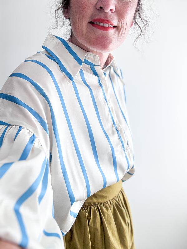 stripe puff sleeve button up | blue stripe