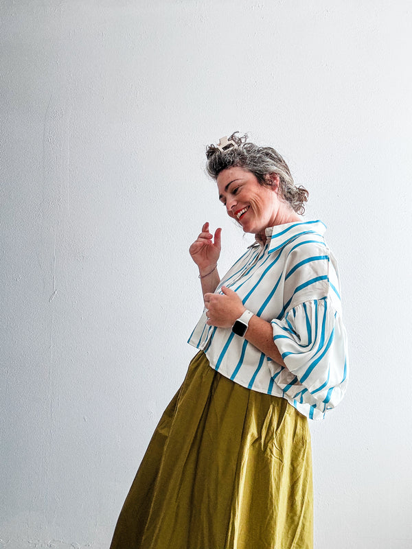 stripe puff sleeve button up | blue stripe
