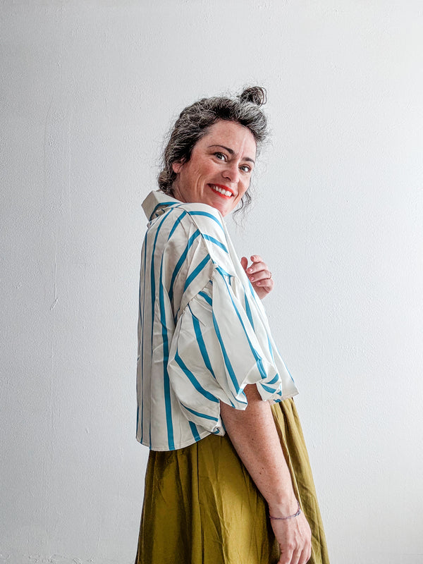 stripe puff sleeve button up | blue stripe