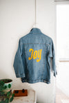 printed + patched oversized denim jacket | joy yellow