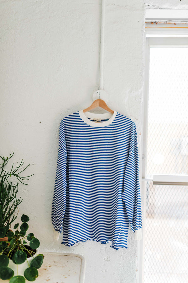 oversized striped long sleeve pullover top | royal blue