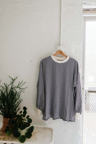 oversized striped long sleeve pullover top | black