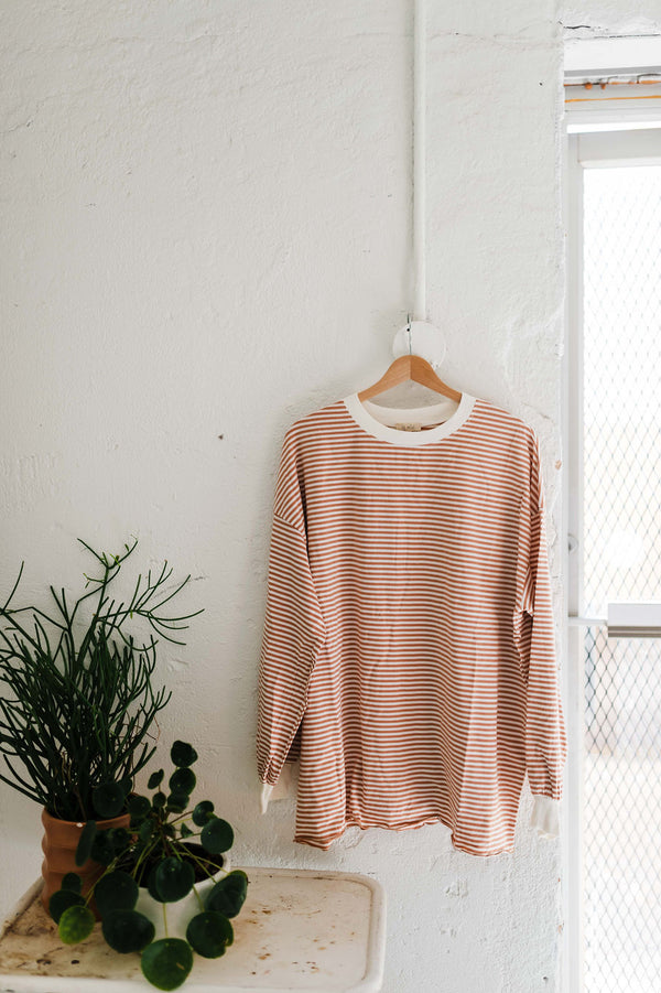 oversized striped long sleeve pullover top | latte