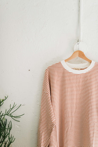 oversized striped long sleeve pullover top | latte