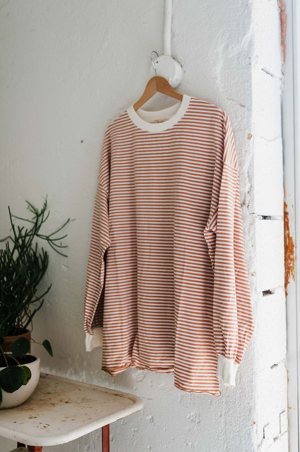 oversized striped long sleeve pullover top | latte