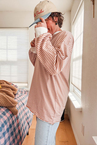 oversized striped long sleeve pullover top | latte