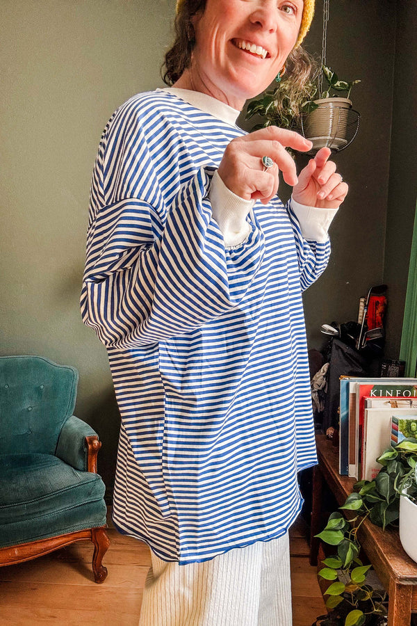 oversized striped long sleeve pullover top | royal blue