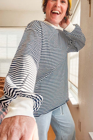 oversized striped long sleeve pullover top | black