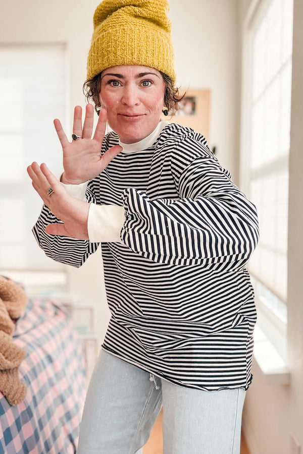 oversized striped long sleeve pullover top | black