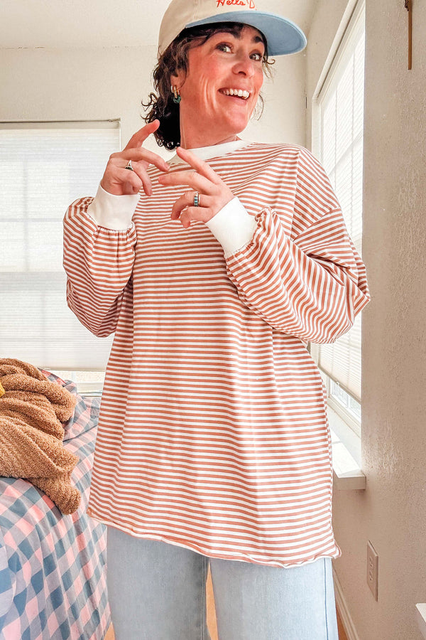 oversized striped long sleeve pullover top | latte