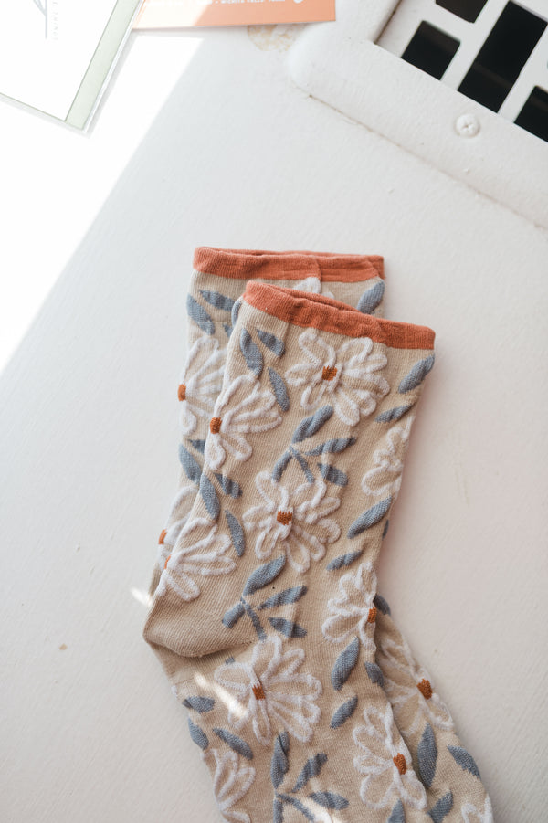 sweet flower tube socks | khaki + rust