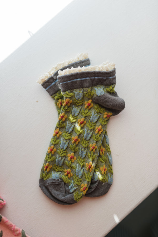 floral lace socks | green + grey
