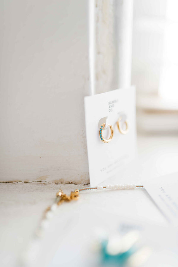turquoise + gold huggies | gold filled earrings