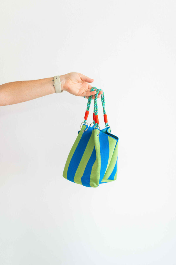 stripe bucket tote | blue + green