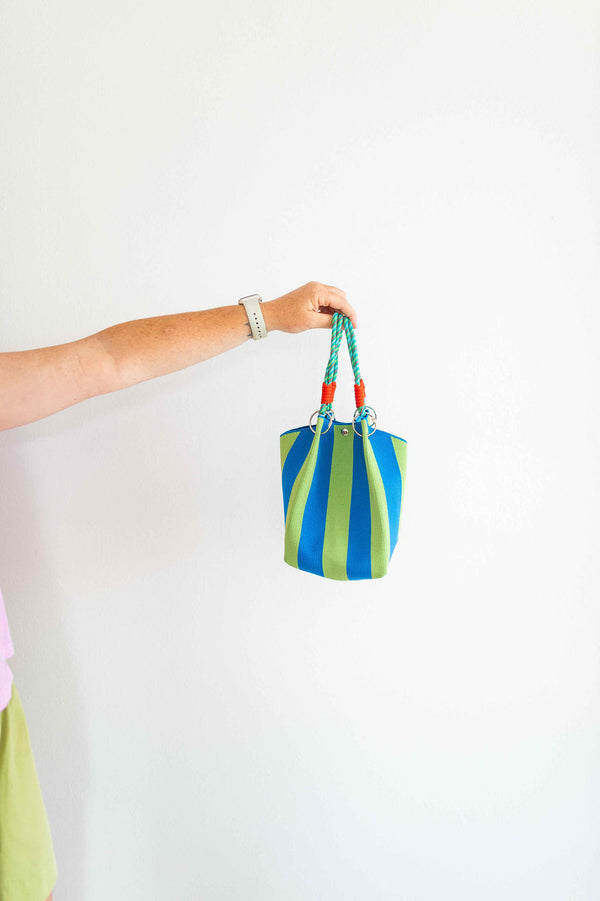 stripe bucket tote | blue + green