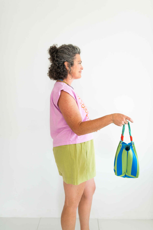 stripe bucket tote | blue + green