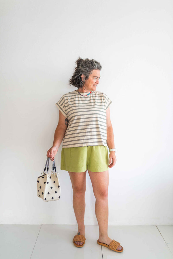 striped cap sleeve top | oat + brown