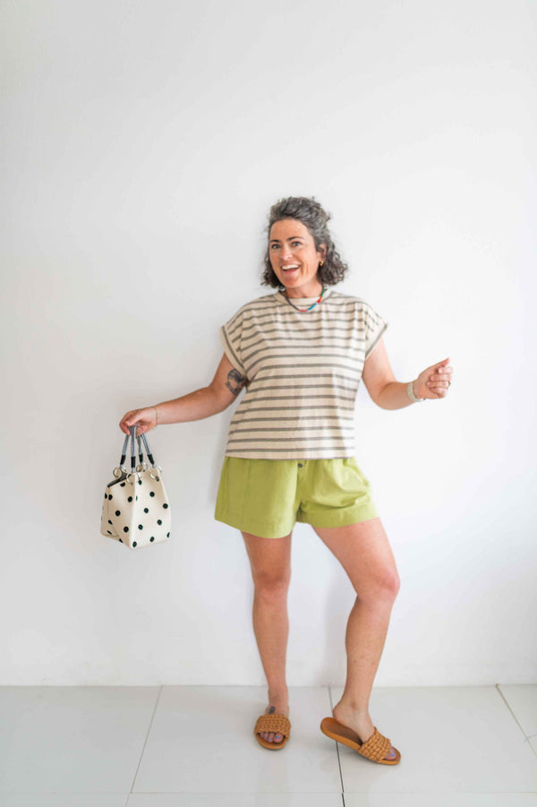 striped cap sleeve top | oat + brown