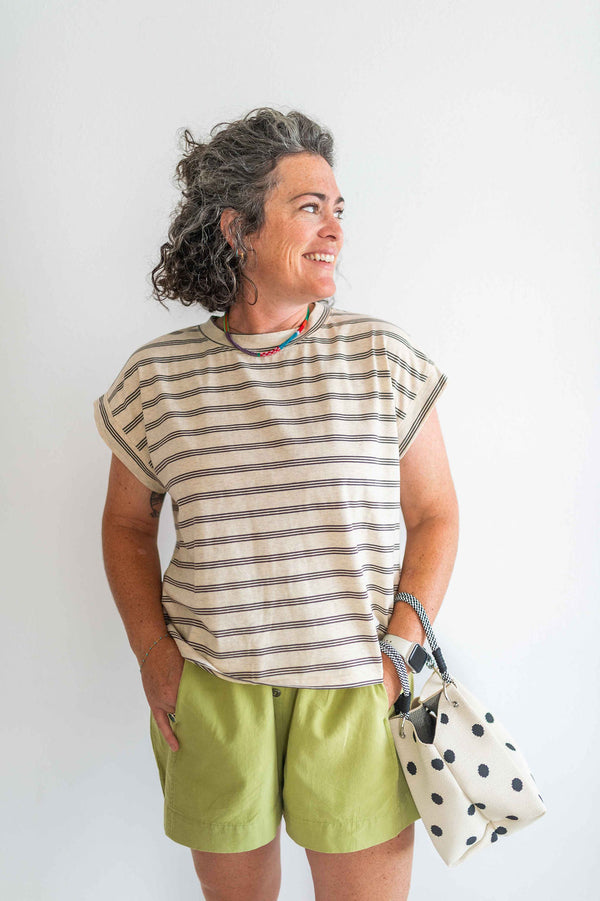 striped cap sleeve top | oat + brown
