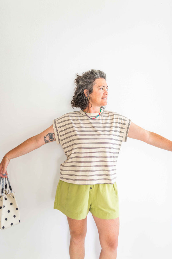 striped cap sleeve top | oat + brown